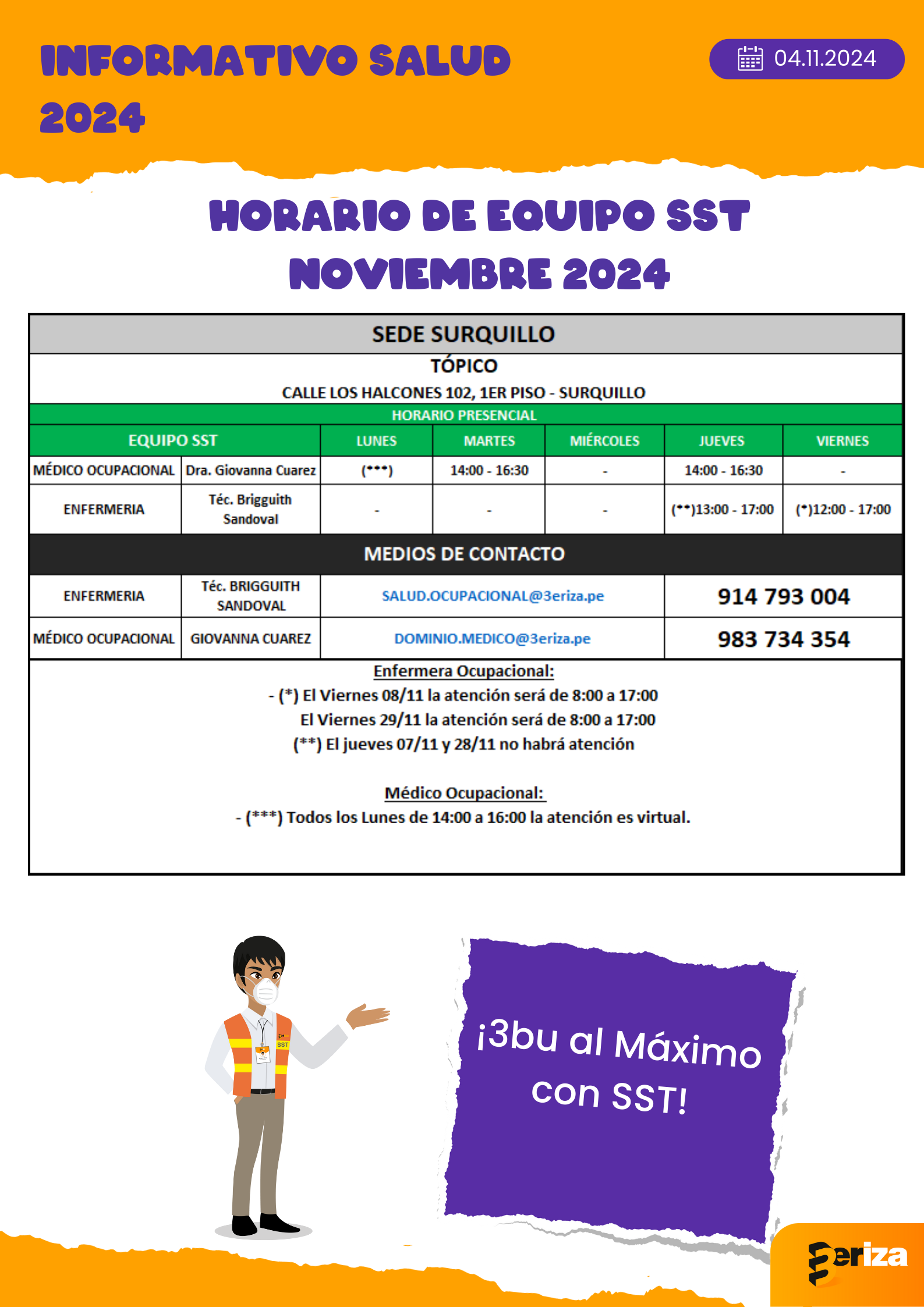 INFORMATIVO SST: Horario del Equipo de SST MES NOVIEMBRE 2024